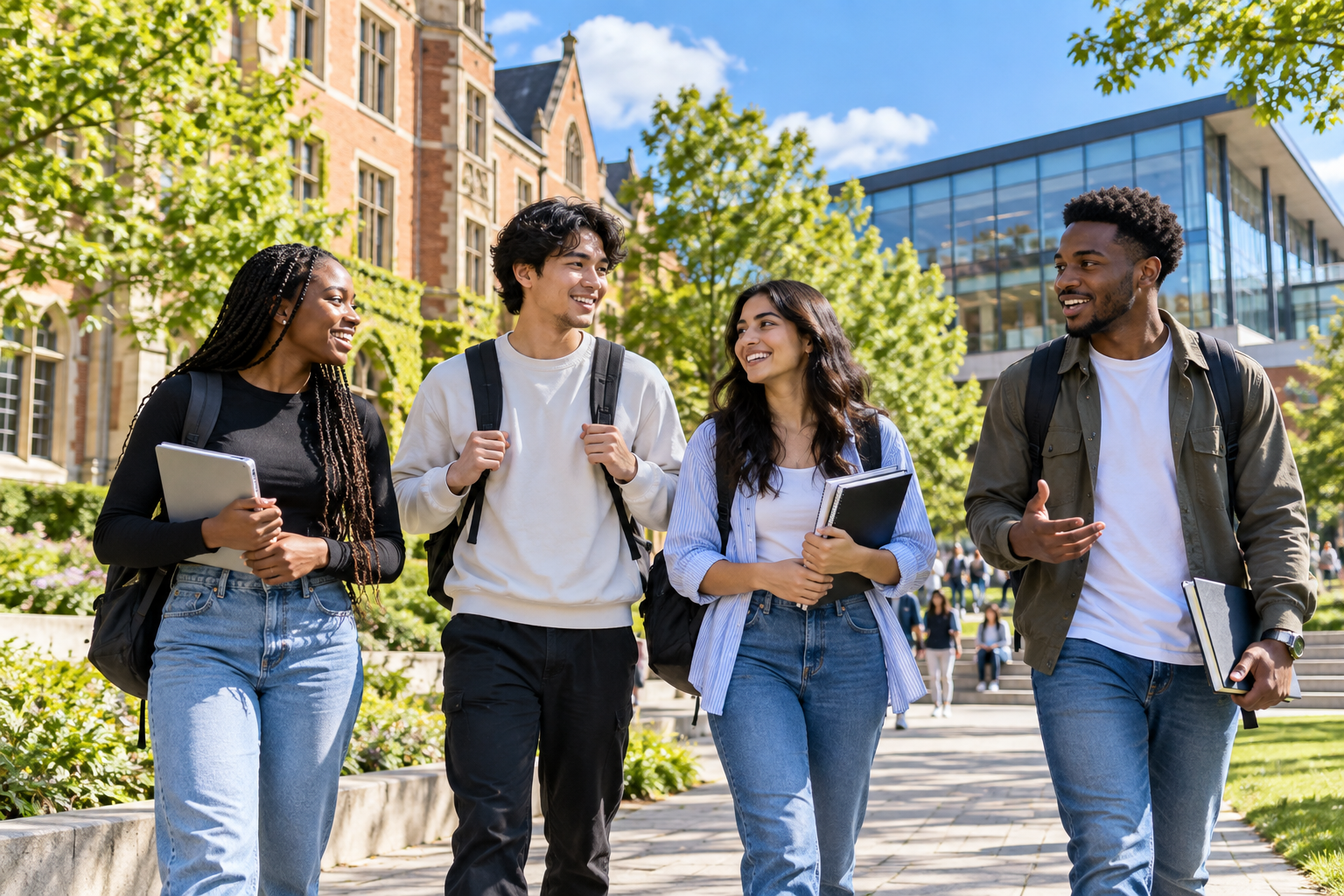 Illustrative scene of diverse students walking together on a university campus